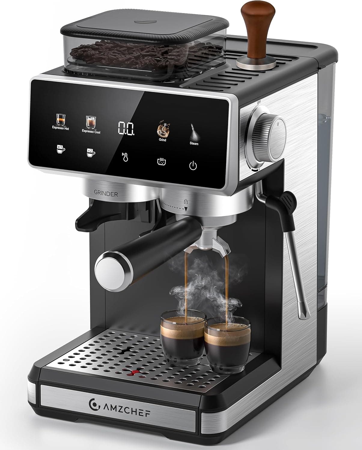 AMZCHEF Bean to Cup Coffee Machines 20 Bar - 20 Grind Settings & 3-Temp Control, Hot/Cold Brew Coffee Machine with Grinder with Color Touchscreen
