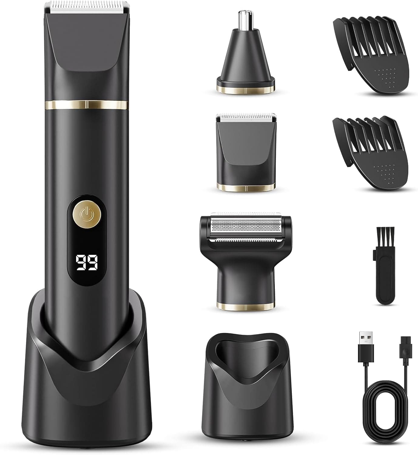 Beard Trimmer Men, 3-in-1 Electric Razor & Shaver for Face, Body & Nose, Cordless Mens Grooming Kit with Charging Dock, IPX7 Waterproof Wet & Dry Hair Trimmer, Gifts for Men (Black)