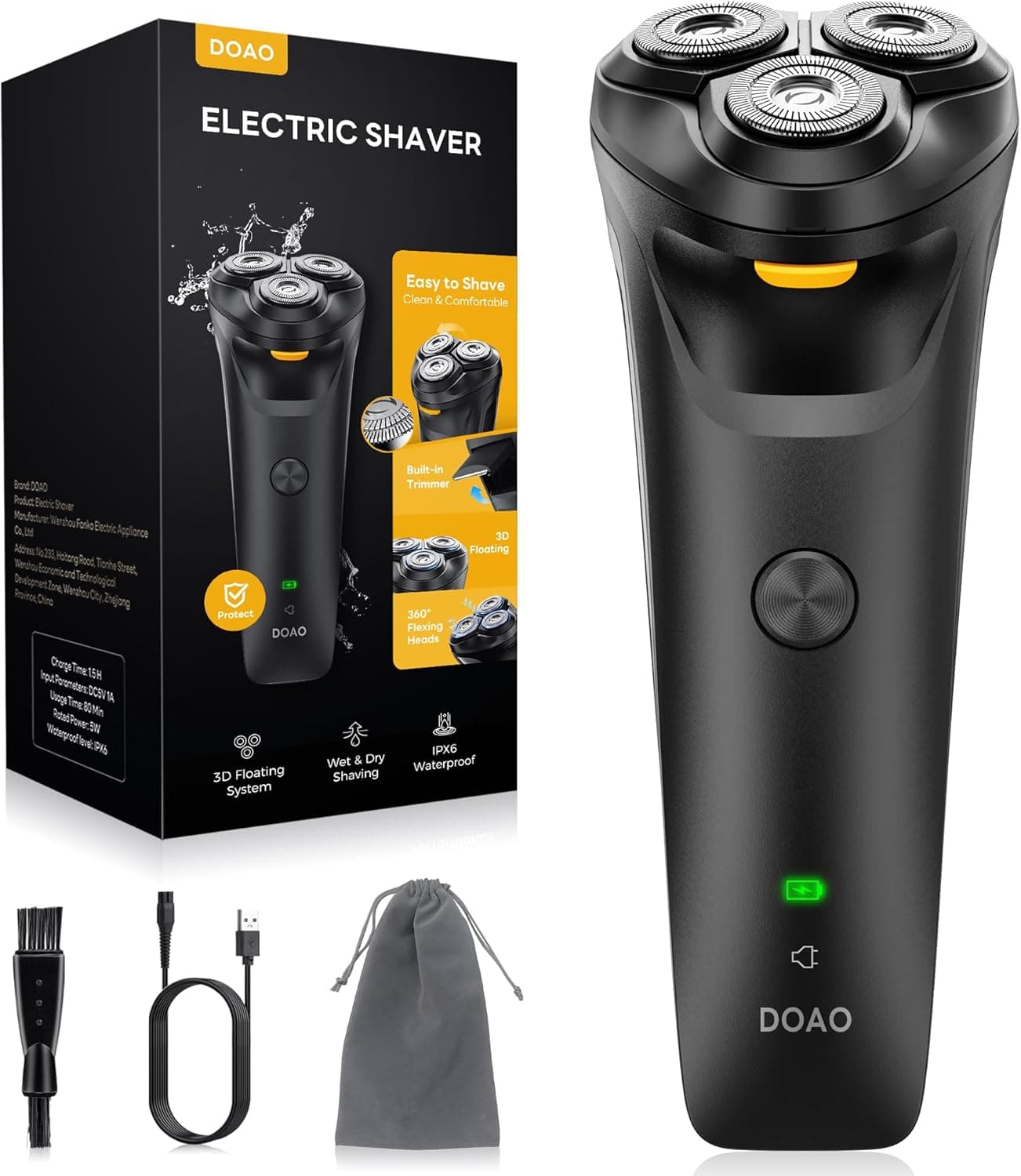 DOAO Electric Razor for Men, 100% Waterproof, Gentle on Sensitive Skin, Wet & Dry Rotary Electric Shavers for Men, Pop-up Beard Trimmer, 120 Min Shaving, 1.5H Fast Charge, Ergonomic Men's Shaver