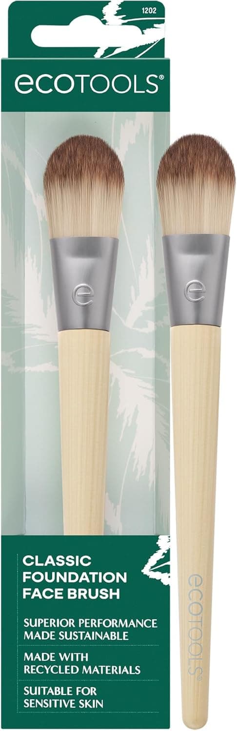 EcoTools Classic Foundation Face Brush, For Liquid, & Cream Foundation, Flat Foundation Brush For Natural Makeup, Buildable Coverage, Synthetic Bristles, Vegan & Cruelty- Free