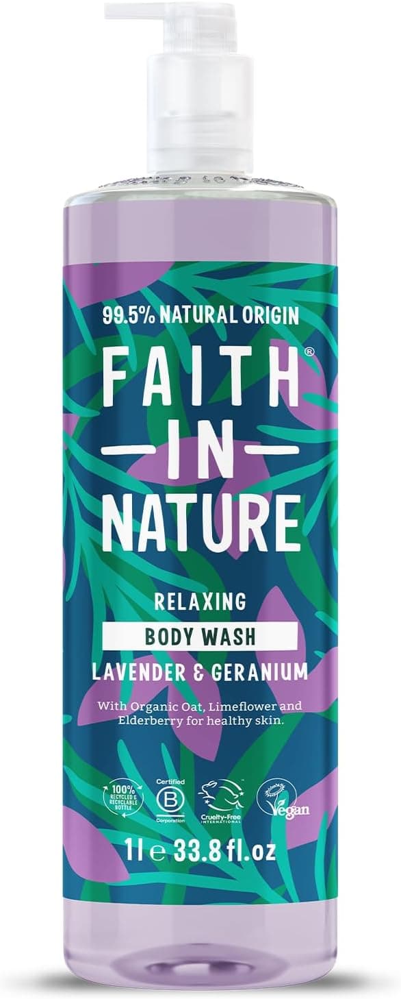 Faith In Nature 1L Natural Lavender & Geranium Body Wash, Nourishing, Vegan and Cruelty Free, No SLS or Parabens