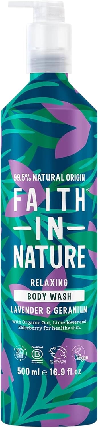 Faith In Nature 500ml Metal Bottle Natural Lavender and Geranium Body Wash, Relaxing Shower Gel, Vegan and Cruelty Free, No SLS or Parabens