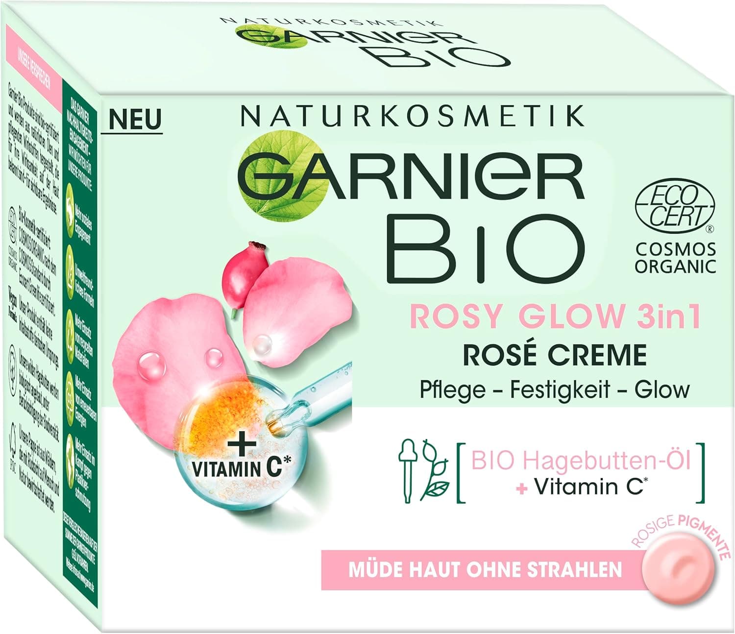 Garnier Face Cream, Bio Rosy Glow 3-in-1 Rose Cream, for tired, dull skin, gives the skin a youthful glow, nourishes and firms the skin with organic rose hip oil and vitamin C, 50 ml