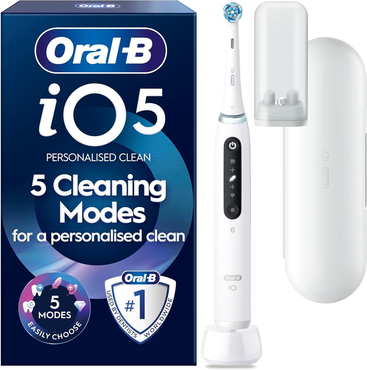 Oral-B iO5 Electric Toothbrushes For Adults,1 Toothbrush Head and Travel Case, 5 Modes With Teeth Whitening, 2 Pin Plug, White